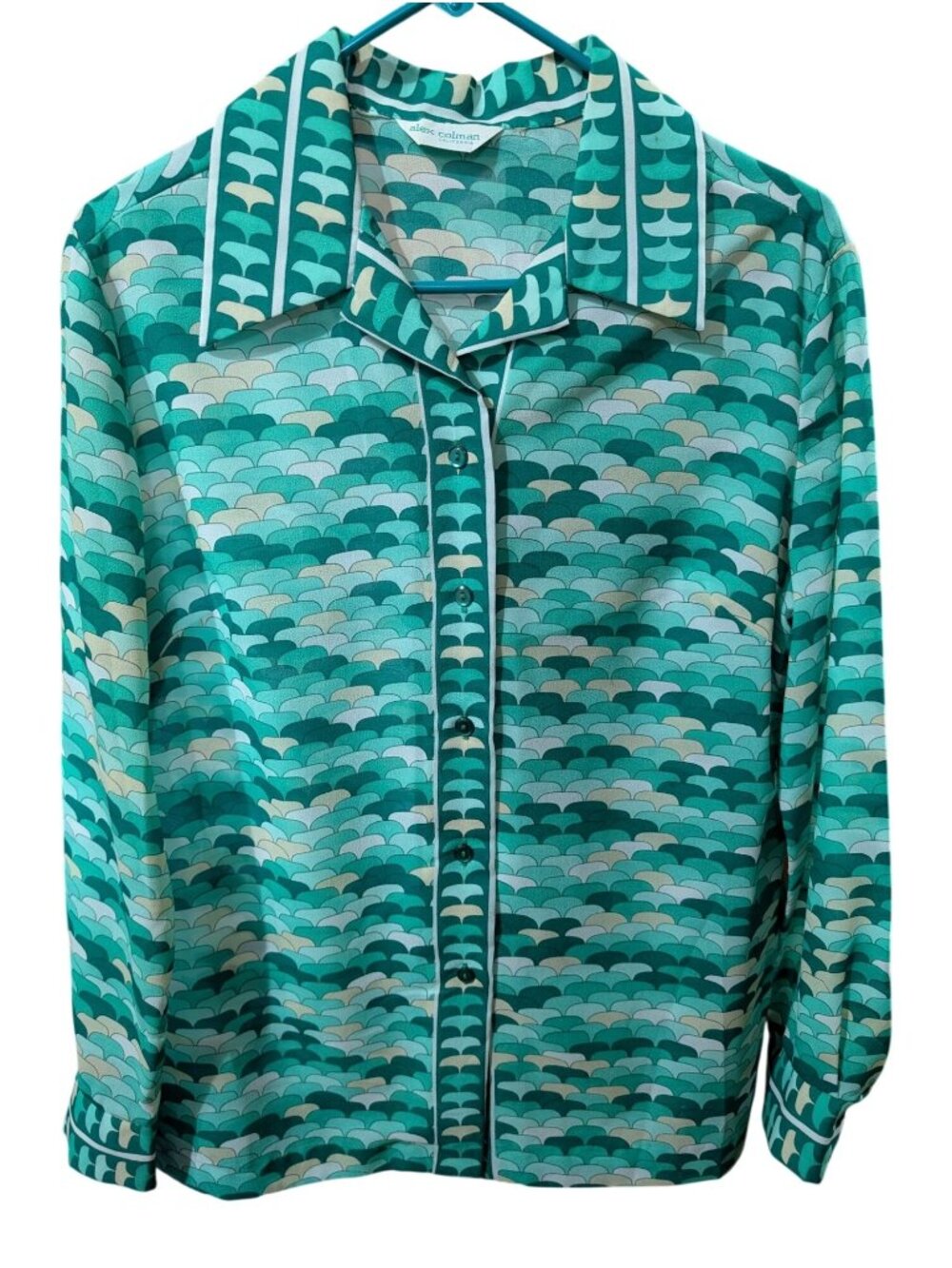 VTG Alex Colman Green Button-Up Long Sleeve Blouse Womens Size L Retro Style